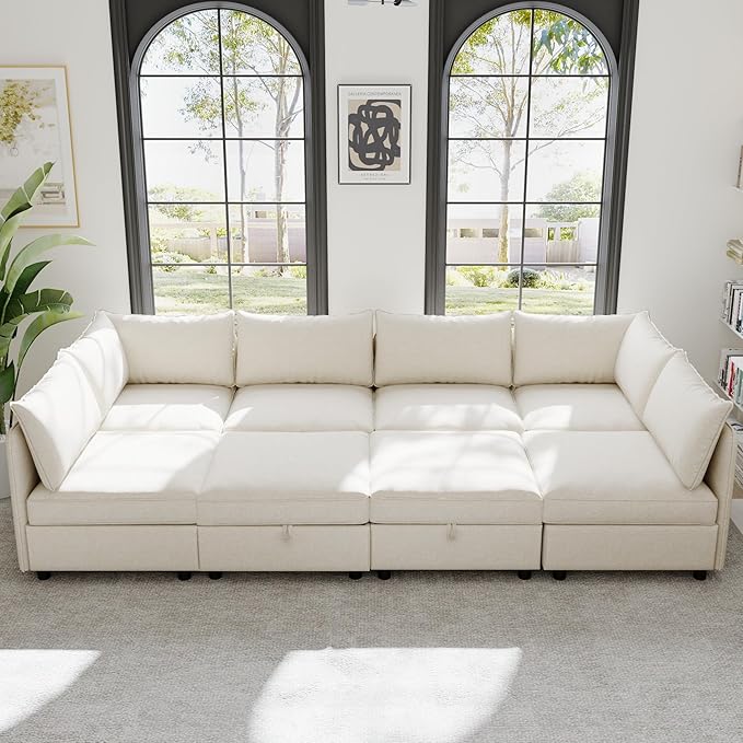 Oversized 8 Seater Modular Storage Sectional Sofa Customizable Seating Group Sofa&Couch Convertible Sleeper Sofabed W/Movable Ottoman & Seat, U-Shaped Chenille Upholstered Sofa Couch for Living Room