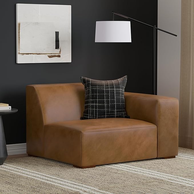 SIMPLIHOME Rex Right-Arm Sofa Module in Full-Grain Genuine Leather, Caramel Brown, 44-inches Wide, Handcrafted Modern-Style Right-Arm Accent Chair for Living Room and Family Room
