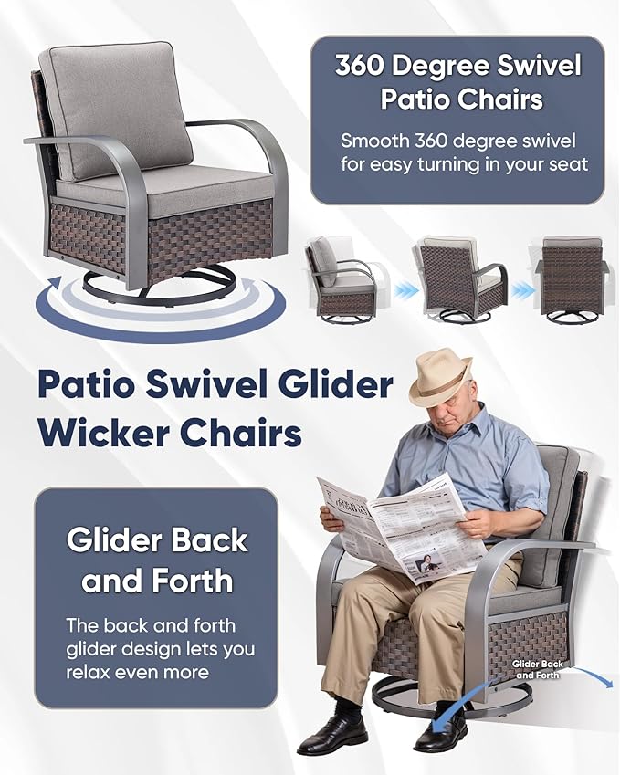 HUMMUH Patio Swivel Glider Outdoor Chair-All Weather Rattan Wicker Patio Swivel Rocking Chairs Porch Chair for Deck Porch Lawn Garden Backyard-Brown/Grey