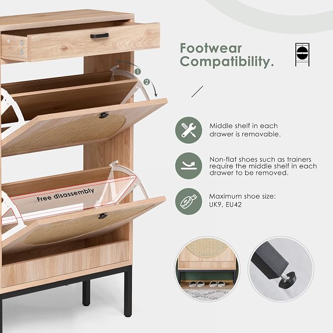 Yechen Shoe Rack Storage Organizer with 2 Natural Semi-Circular Rattan Doors, Entryway Wooden Shoe Cabinet for Sneakers, Leather Shoes, High Heels, Slippers (1 Piece, Oak) - Image 4