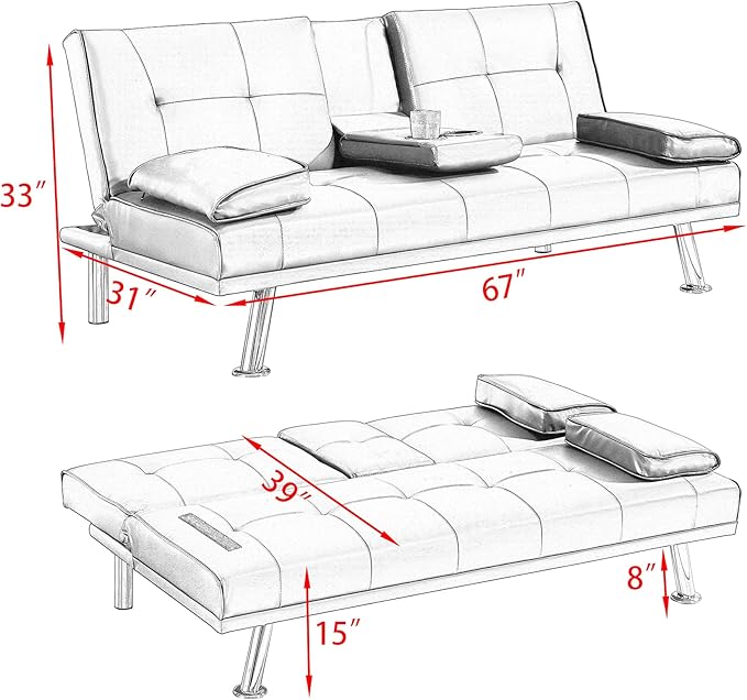 KEIKI 67" Leather Folding Futon Sofa w/Cup Holder & Adjustable Backrest, Mid Century Modern Couch Loveseat Convertible to Sleeper Bed, Comfy Cloud Couch SofaBed for Living Room & Bedroom, Red