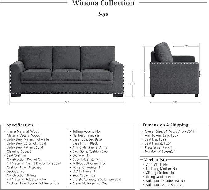 Lexicon Living Room Furniture Set, Modern Couches for Living Room, Chenille Upholstered Couch Set, Including Sofa, Loveseat and Lounge Chair with Solid Wood Frame, 3-Piece Set, Charcoal