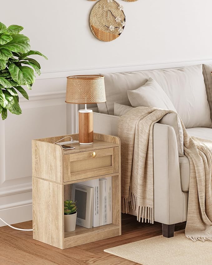 CHOEZON Nightstand with Charging Station, Side Table with Rattan-Style Drawer and Storage Shelf, Modern Rattan Night Stand with 2 USB Ports, Boho End Table Bedside Table for Bedroom, Natural MBZ01UWO - Image 4