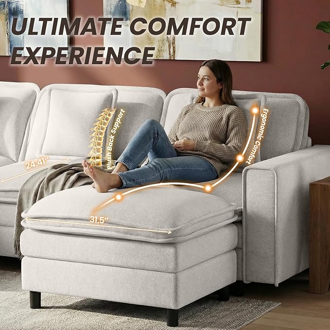 Modular Sectional Sofa 107", Comfy Cloud Couch with Ottoman, Deep 4-Seat L Shaped Modular Sofa, Couches with Throw Pillows for Living Room, Beige