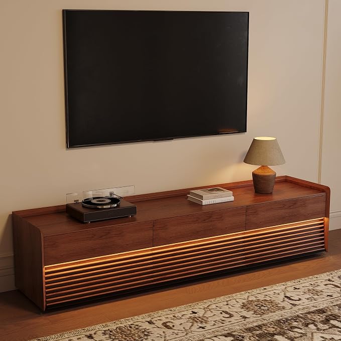 POVISON Fully-Assembled Mid Century Modern TV Stand, 78.74" Wood Media Console with Adjustable LED Light, Entertainment Center with Storage for Living Room by POVISON