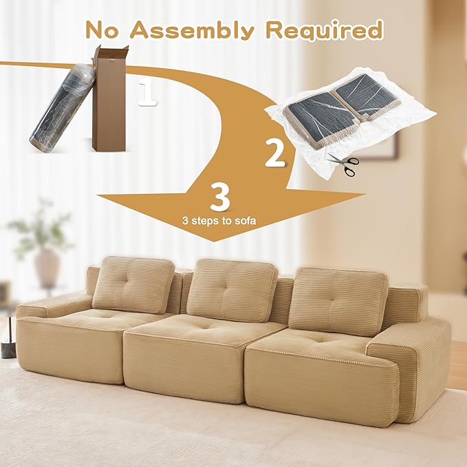 Casaphoria 115'' Camel Corduroy Sofa, Boneless Sectional Couch with 3 Pillows for Modern Living Room, Deep Seat Sofa No Assembly Modular Cloud Couch