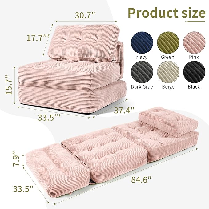 Art3d Folding Sofa Bed, Convertible Sleeper Sofa Bed with Pilow & Back Support, 3 in 1 Long Futon Boneless Couch, Comfy Floor Couch for Living Room, Bedroom, Light Pink
