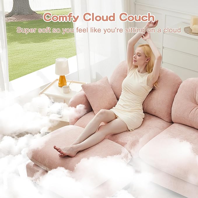 KEIKI 140" L-Shaped Oversized Chenille Modular Sectional Sofa with 1 Ottoman, High-Density Foam Cushions, Tufted Pleated Cushion Backrest, Modern 4-Seater Couch with 2 Pillow, for Living Room, Pink
