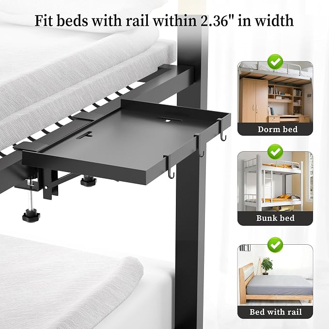 Foldable Bedside Shelf, Metal Clip-On Bed Tray Table for Bunk Bed & Dorm Beds, Dorm Room Essentials Organizer for College Students, Floating Tray, Space Saving Nightstand for Loft Beds (Black, Large) - Image 4