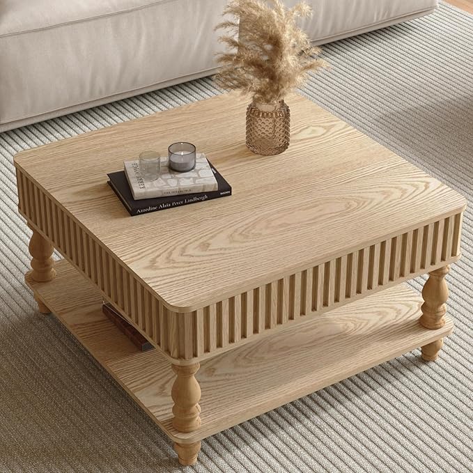 31.5" Square Lift Top Coffee Table with Storage Modern Fluted Coffee Tables with Lifting Top, Farmhouse Solid Wood Center Table with Table Legs for Living Room, Apartment or Office (Natural)