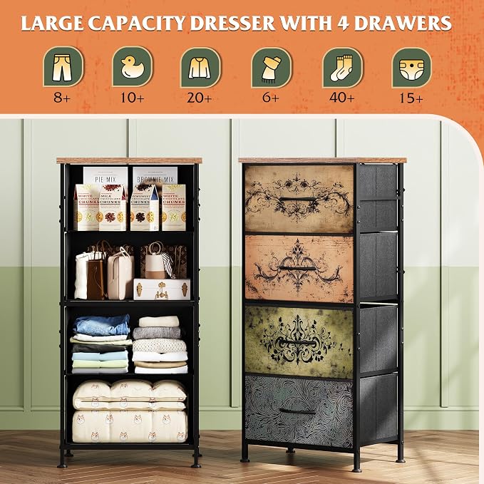 WLIVE Dresser with 4 Drawers, Storage Tower, Organizer Unit, Fabric Dresser for Bedroom, Hallway, Entryway, Closets, Sturdy Steel Frame, Wood Top, Easy Pull Handle, Pattern - Image 4