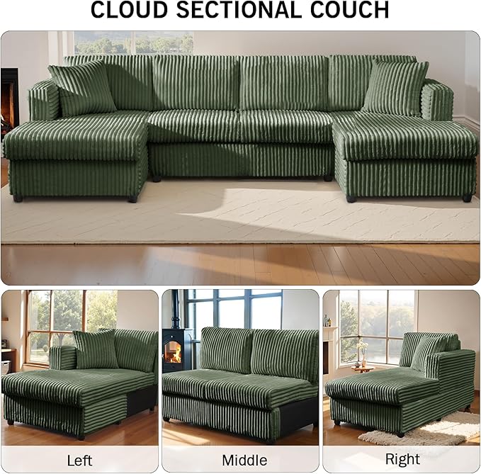 123" U-Shaped Modular sectional Sofa, Two L-Shape Chaise with 2 Cloud Couch sectional with Two Pillows, couches for Living Room (Green)