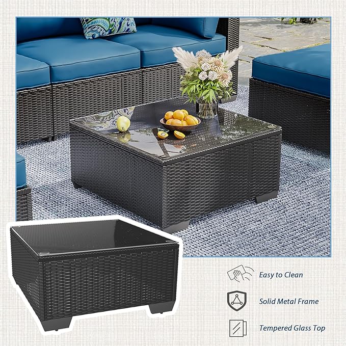 AECOJOY 7 Piece Outdoor Patio Furniture Set, Outdoor Sectional Conversation Furniture Chair with Coffee Table, Patio Sectional for Backyard, Garden(Peacock Blue Cushion and Black Rattan)
