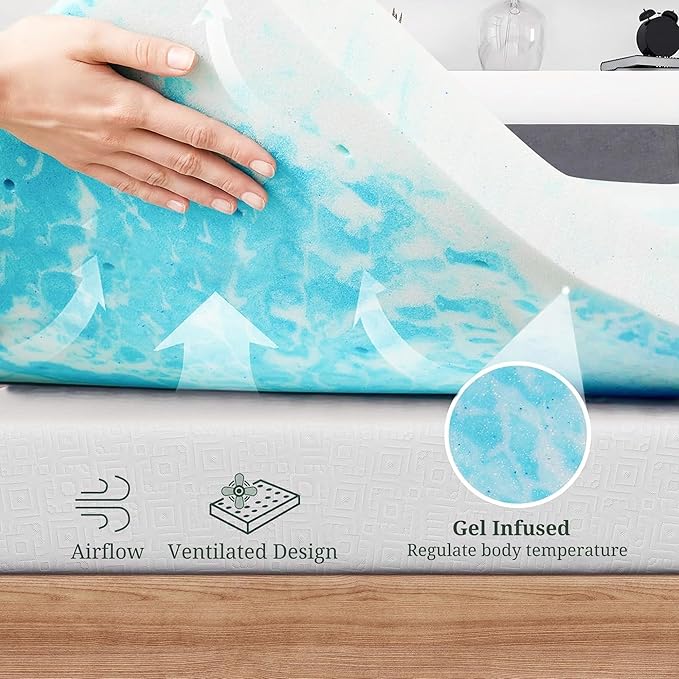 4 Inch Queen Mattress Topper, Gel Memory Foam Mattress Pad, Ventilated Bed Topper for Pressure Relief, CertiPUR-US Certified