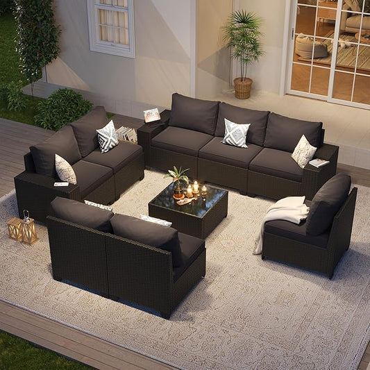 Aoxun Patio Furniture Set, 9 Pcs Outdoor Patio Furniture Sets with 4 in Thicken Cushion, Widen Armrests Wicker Outdoor Sectional for Backyard (Waterproof Cover Include)