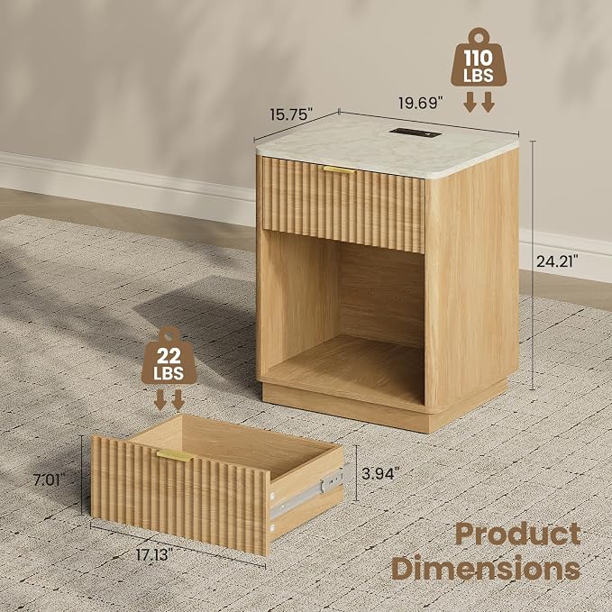 24” Tall Nightstand - Fluted Night Stand with Charging Station & LED Light Faux Marble Top Bedside Table with Curved Profile Design for Bedroom/ 1 Drawer, Natural Wood - Image 3