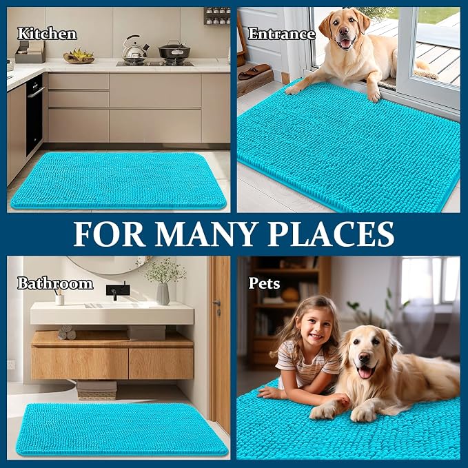 OLANLY Dog Door Mat for Muddy Paws 47x24, Absorbs Moisture and Dirt, Absorbent Non-Slip Washable Doormat, Quick Dry Chenille Mud Mat for Dogs, Entry Indoor Entryway Carpet for Inside Floor, Aqua Blue - Image 8