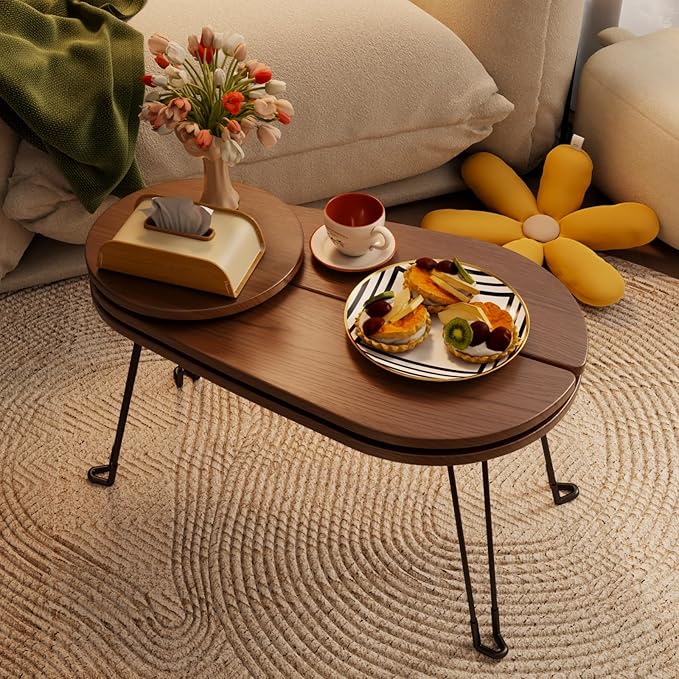 Small Coffee Tables for Small Spaces, Solid Wood Accent Tables Living Room, Foldable Coffee Table Oval, Folding Floor Table, Low Table for Sitting on the Floor, Narrow Side Table Couch, Walnut