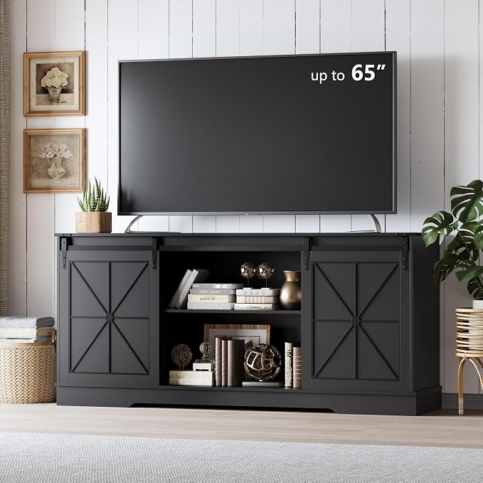 Farmhouse TV Stand for 65/60/55 Inch Tvs, Rustic Entertainment Center with Storage Cabinets & Sliding Barn Doors, Modern Media Console Table, Wood Television Furniture for Living Room, Bedroom, Black by Xixini