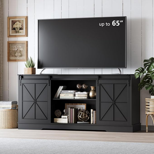 Farmhouse TV Stand for 65/60/55 Inch Tvs, Rustic Entertainment Center with Storage Cabinets & Sliding Barn Doors, Modern Media Console Table, Wood Television Furniture for Living Room, Bedroom, Black by Xixini