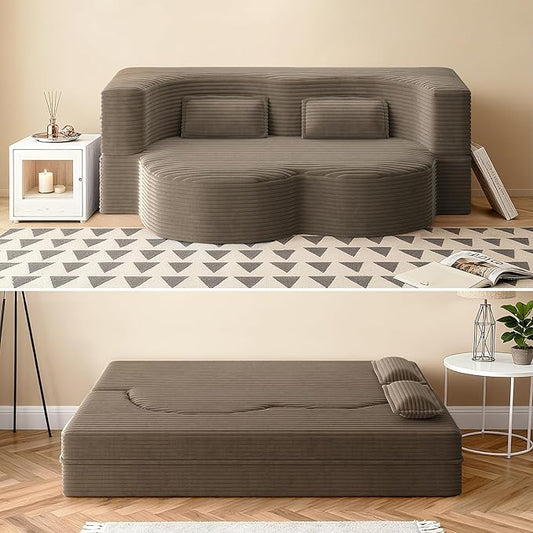 78" Convertible Sofa Bed, 2-in-1 Folding Floor Couch with 2 Pillows, Sleeper Sofa for Living Room and Bedroom, No Assembly Required (Coffee Brown, Corduroy Fabric)