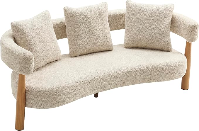 Christopher Knight Home Yulez Curved 3-Seater Sofa Couch with 3 Accent Pillows, Boucle Fabric Upholstered Lounge Seating, 76.5'' Home Office Bedroom Sofa Chair, Comfy Wooden Frame Sofa, Sesame Beige
