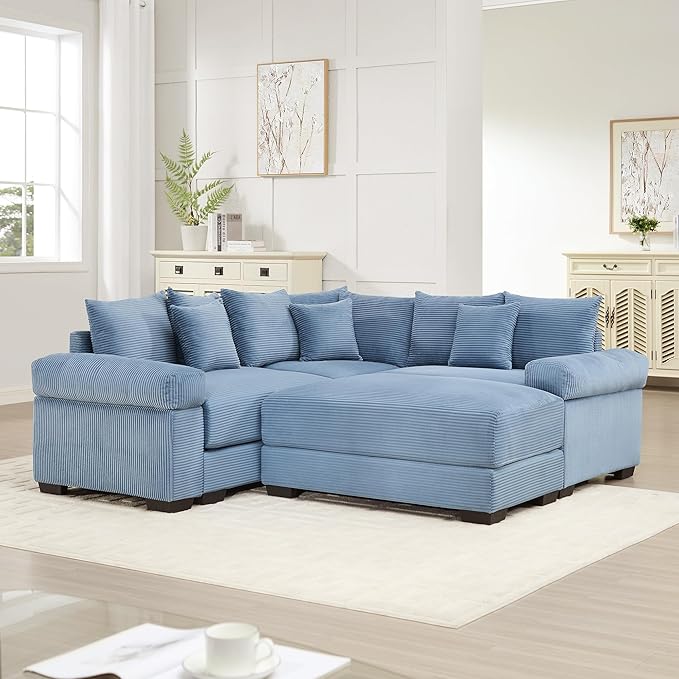 KEIKI 79" L-Shaped Oversized Corduroy Modular Cloud Sectional Sofa with 1 Ottoman, High-Density Foam Cushion, Extra-Thick Armrest, 3-Seater Fluffy Corner Couch with 10 Pillow, for Living Room, Blue