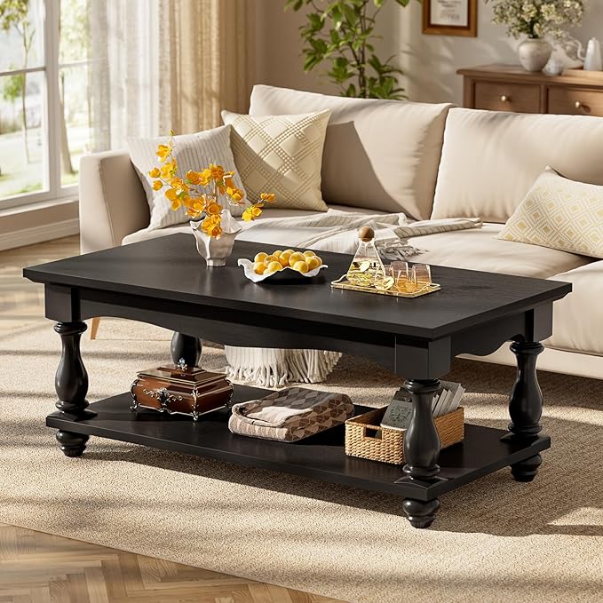 47 inch Black Coffee Table with Storage, 2-Tier Farmhouse Coffee Table with Solid Wood Legs, Mid Century Coffee Tables for Living Room