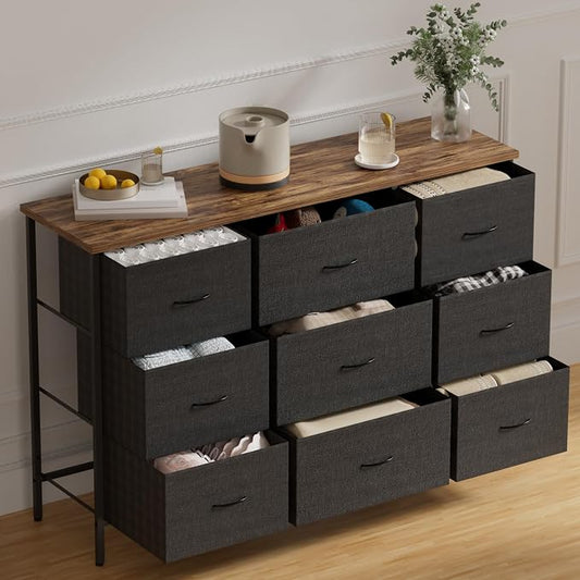 VASICAR Wide TV Stand for Bedroom, Dresser with 9 Deep Drawers, Fabric Storage Cabinet, Modern Chest of Drawers for Closet, Nursery, Living Room（Black） by VASICAR