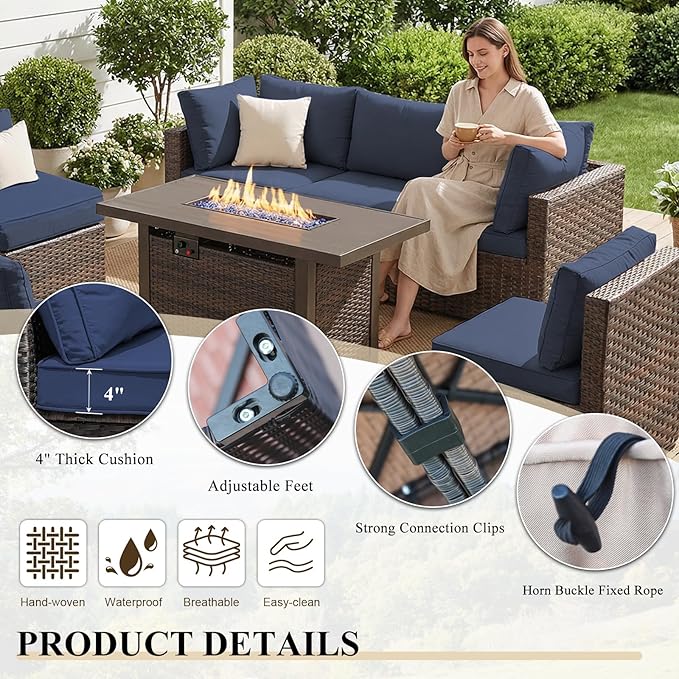 8 Piece Patio Furniture Set with Fire Pit Table All Weather PE Rattan Outdoor Sectional Sofa Couch with No-Slip Cushions and Glass Top Table for Garden, Poolside, Backyard (Blue)