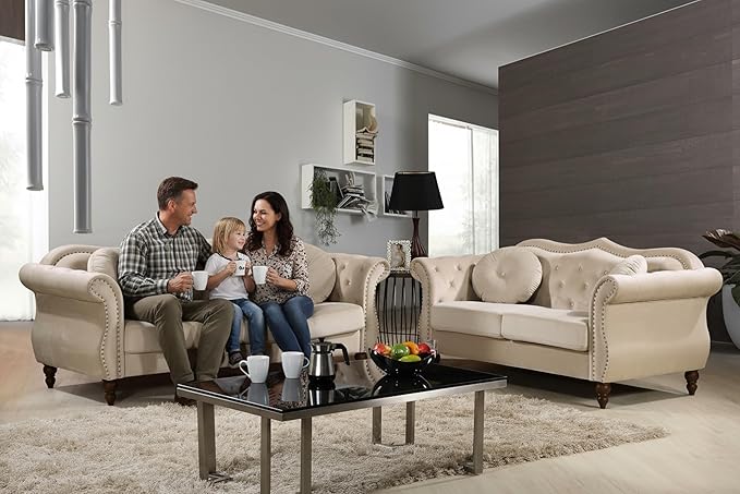 Anna1 Chesterfield Velvet Couches for Living Room, Button Tufted Luxury Upholstery with Rolled Arms, High-Density Foam, Durable Wood Frame, 65.5" Loveseat, Ivory