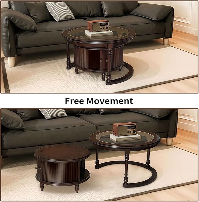 31.5'' Glass Top Round Coffee Table with Storage, Solid Wood and MDF Fluted Coffee Table Set of 2 for Living Room Office, Brown