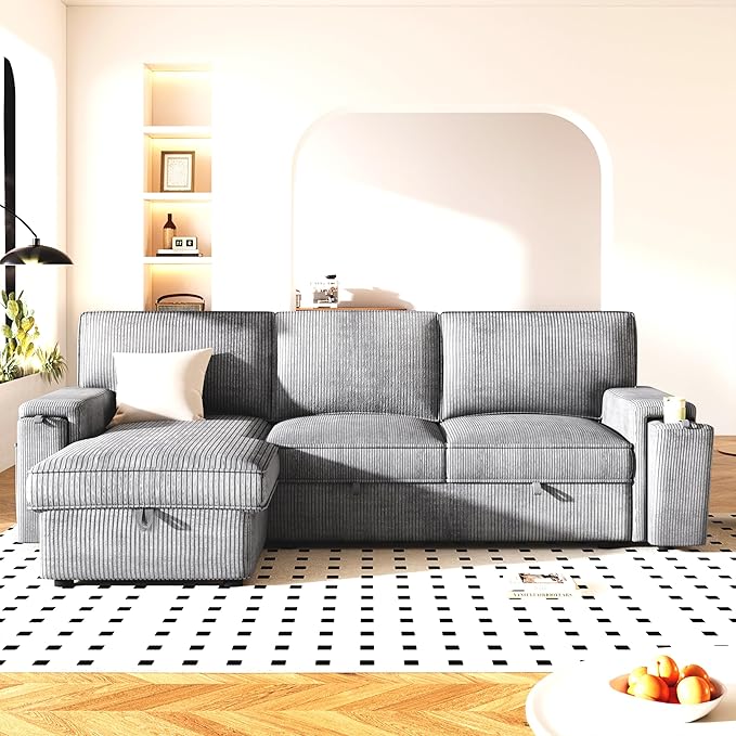 Modern Reversible Sleeper Sectional Sofa W/Pull Out Couch Bed and Large Capacity Storage Chaise, L-Shaped Corduroy Upholstered Sofa&Couch Convertible Sofabed with Hidden Cupholders for Living Room