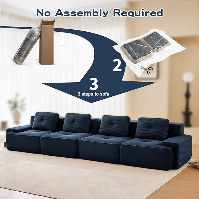 Casaphoria 150'' Blue Corduroy Cloud Couch, 4-Seater Boneless Sectional Sofa with 4 Pillows for Living Room, Deep Seat Sofa, No Assembly Required