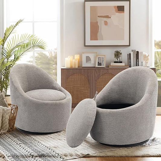 COLAMY Swivel Accent Chair Set of 2, 360° Swivel Round Chair with Hidden Storage, Modern Small Barrel Armchair for Living Room/Bedroom, LightGrey, Textile Material