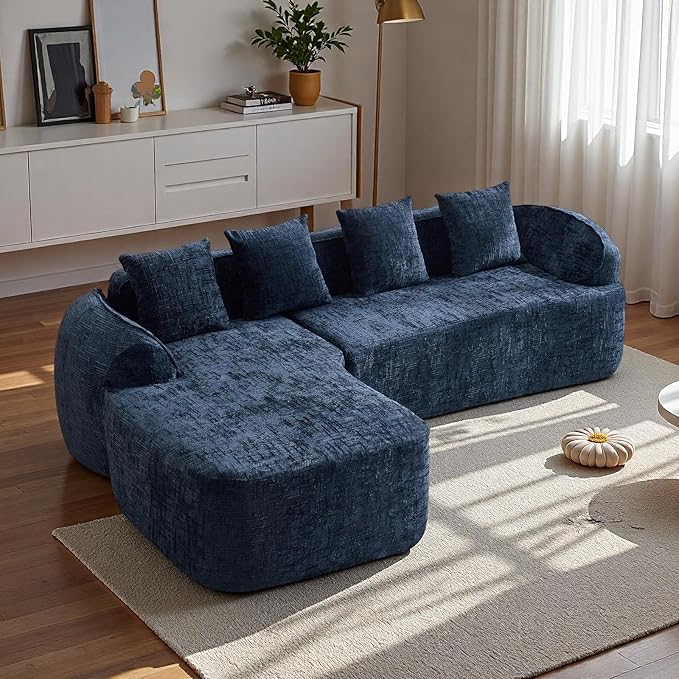 L Shaped Compression Sofa, Modular Couch with Curved Armrests & 4 Coordinating Pillows, Modern 101'' Chenille 4 Seater Sofa with Wide Seat for Living Room, Bedroom, No Assembly, Dark Blue