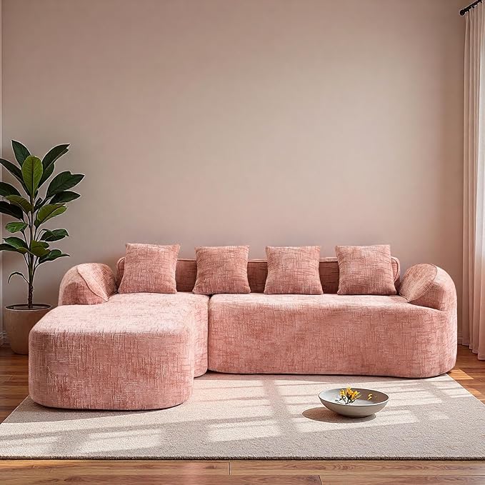 L Shaped Compression Sofa, Modular Couch with Curved Armrests & 4 Coordinating Pillows, Modern 101'' Chenille 4 Seater Sofa with Wide Seat for Living Room, Bedroom, No Assembly, Pink