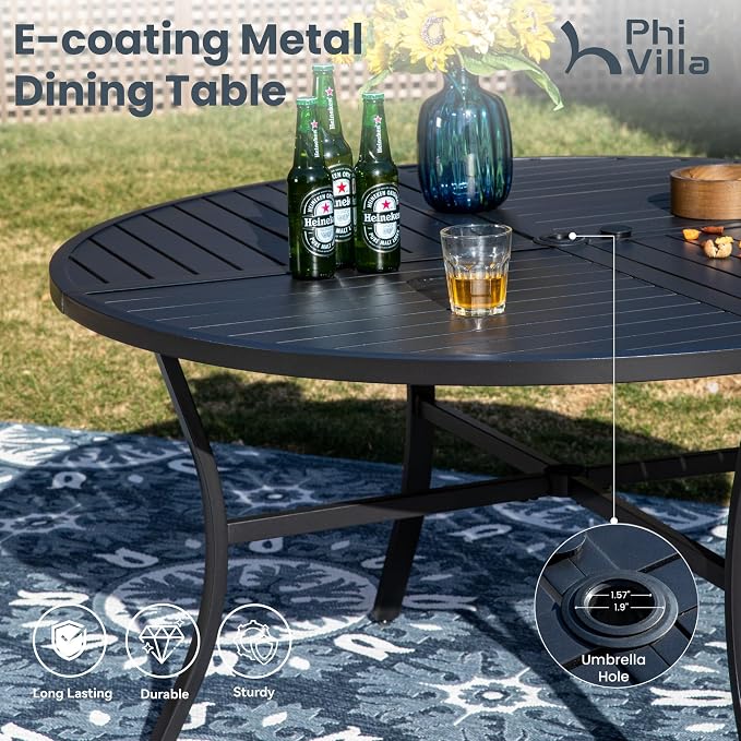 PHI VILLA 7 Piece Outdoor Patio Dining Set with 6 Swivel Dining Chairs & 1 Large Round Dining Table, Blue Textilene Mesh Fabric Chair and 54" Metal Table for All Weather - Image 8