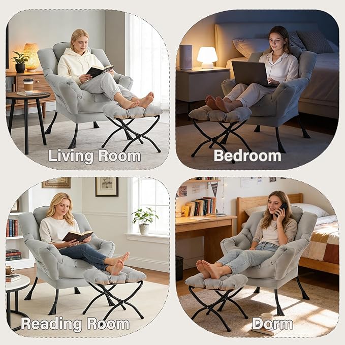 MBOOYOME Lazy Chair with Folding Ottoman, Modern Accent Lounge Armchair with Armrests and a Side Pocket & Foldable Footstool, Leisure Reading Chair for Living Room, Bedroom, Dorm & Office, Light Grey