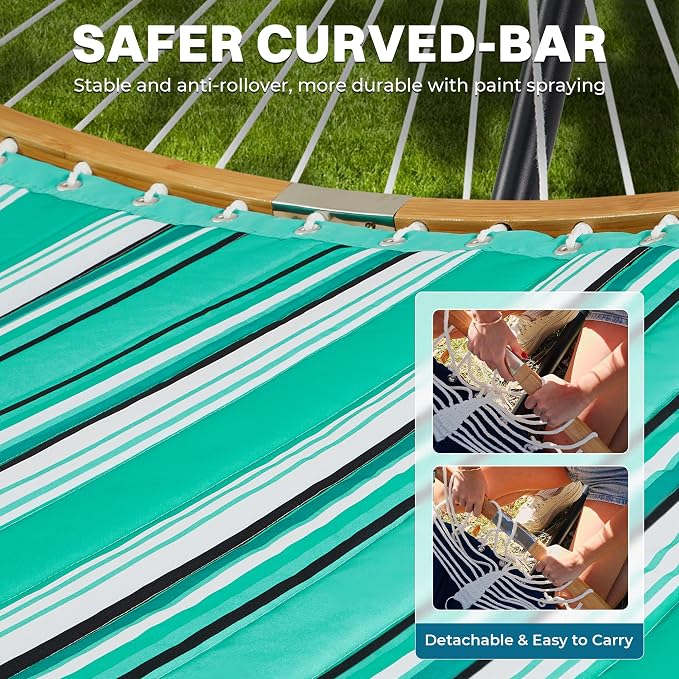 SUPERJARE Hammock with Stand, 2 Person Heavy Duty Hammock with Padded Cotton, Detachable Pillow & Strong Curved-Bar & Portable Carrying Bag, Perfect for Outdoor & Indoor, Mint Green with Stripes - Image 7