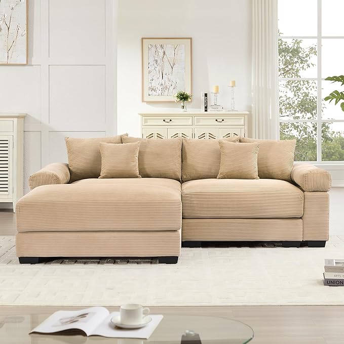 KEIKI 83" L-Shaped Oversized Corduroy Modular Sectional Loveseat Sofa with 1 Ottoman, High-Density Foam Cushion, Extra-Thick Armrest, 2-Seater Fluffy Corner Couch with 6 Pillow, for Living Room, Camel