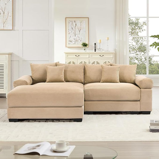 KEIKI 83" L-Shaped Oversized Corduroy Modular Sectional Loveseat Sofa with 1 Ottoman, High-Density Foam Cushion, Extra-Thick Armrest, 2-Seater Fluffy Corner Couch with 6 Pillow, for Living Room, Camel