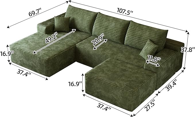 107" U Shaped Cloud Corduroy Couch with Ottoman, Comfy Sectional Boneless Couches for Living Room Bedroom, Deep Seat Sleeper Compression Sofa, No Assembly, Left Facing Chaise, Green