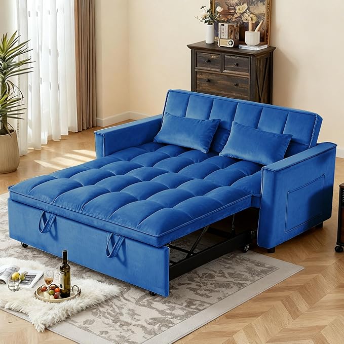 3 in 1 Convertible Sofa Bed, Love Seat Sleeper Bed with Side Pockets, Velvet Fabric Pull Out Couch with Adjustable Backrest for Living Room, Bedroom, Apartment, Blue