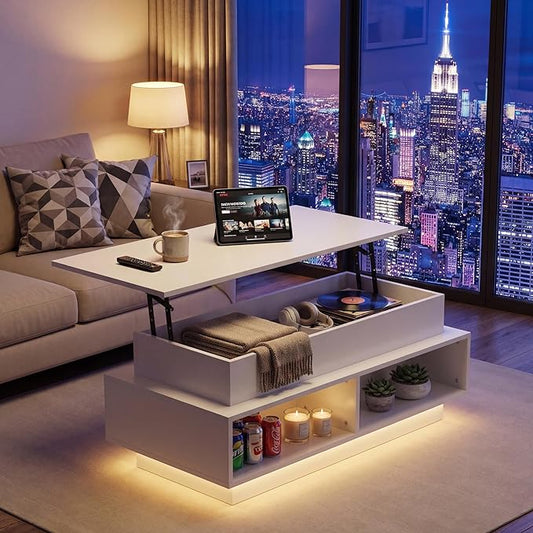 JUMMICO 40" Modern Lift Top Coffee Table with Storage & 4 Bottom Shelves, Square Wooden Center Table with LED Lights, Rising Dining Table with Storage Shelves for Living Room and Home Office (White)