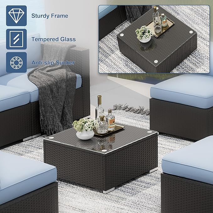 SUNCROWN 7-Piece Outdoor Patio Furniture Sofa Set All-Weather Black Wicker Sectional Conversation Set with Modern Glass Coffee Table and Cushions, Backyard, Garden, Poolside, Light Blue