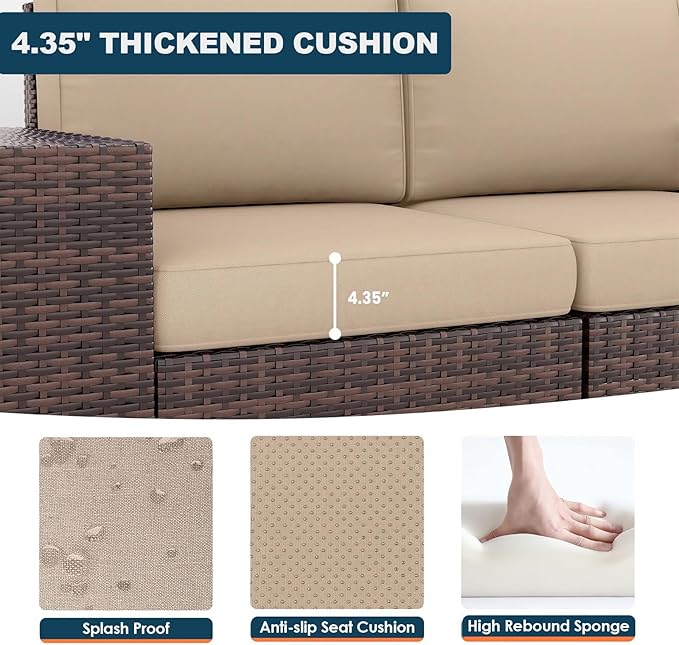 7 Piece Patio Furniture Set with Fire Pit Table, Outdoor Conversation Sets Wicker Rattan Sectional Sofa with Coffee Table for Patio Garden Backyard, 4'' Thickened Cushion Beige