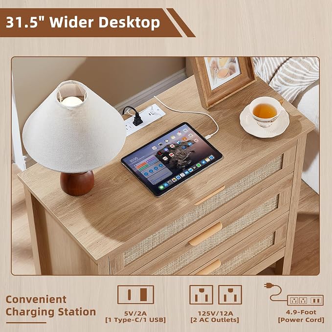 LEYAOYAO 31.5" Wide Rattan Nightstands Set of 2 with Charger Station, Large Boho 3 Drawer Night Stand, Natural Wood Bedside Table with Storage, Bed Side End Tables for Bedroom, Living Room, Hallway - Image 4