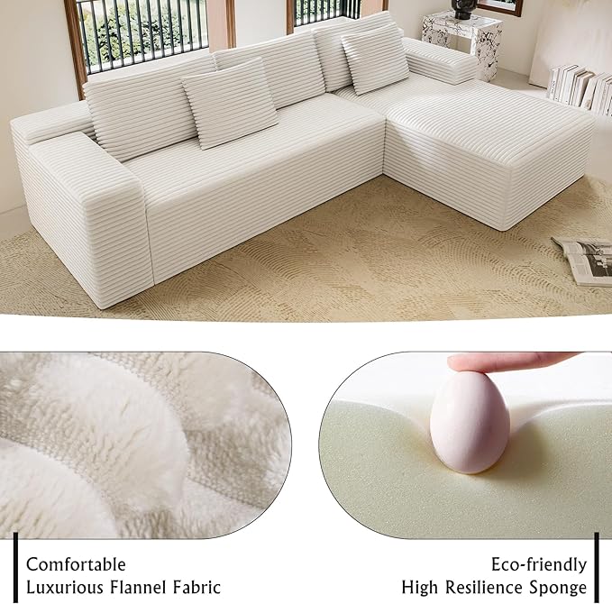 White sectional couches for Living Room Corduroy Couch，104" Cloud Sectional Couch with L-Shape Chaise， Modern Modular Sofa, Deep Seat Comfort, No Assembly Required(Plush Corduroy Fabric)