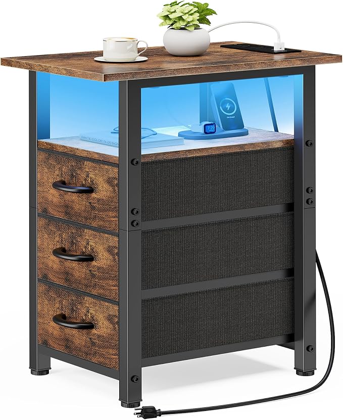 Vagusicc Nightstand with Charging Station and LED Lights, Narrow End Table, LED Night Stand with 3 Fabric Drawers for Bedroom, Small Bedside Table, Narrow Side Table for Small Spaces, Rustic Brown by Vagusicc